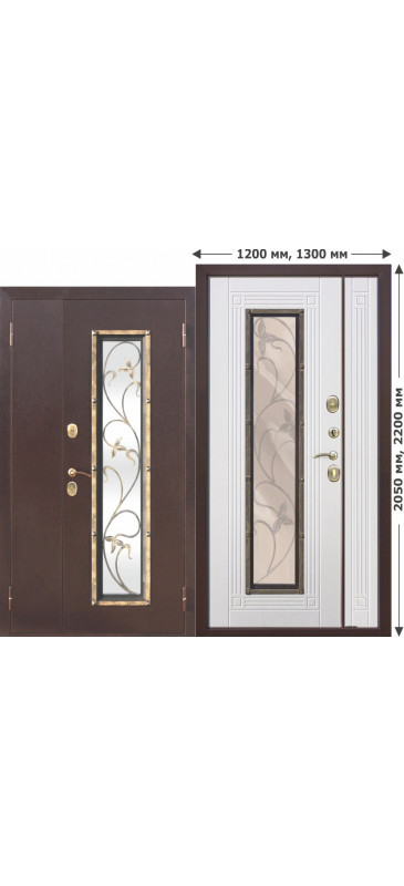 Входная металлическая нестандартная дверь со стеклопакетом Плющ 1200х2050, 1300х2050 Белый ясень - фото